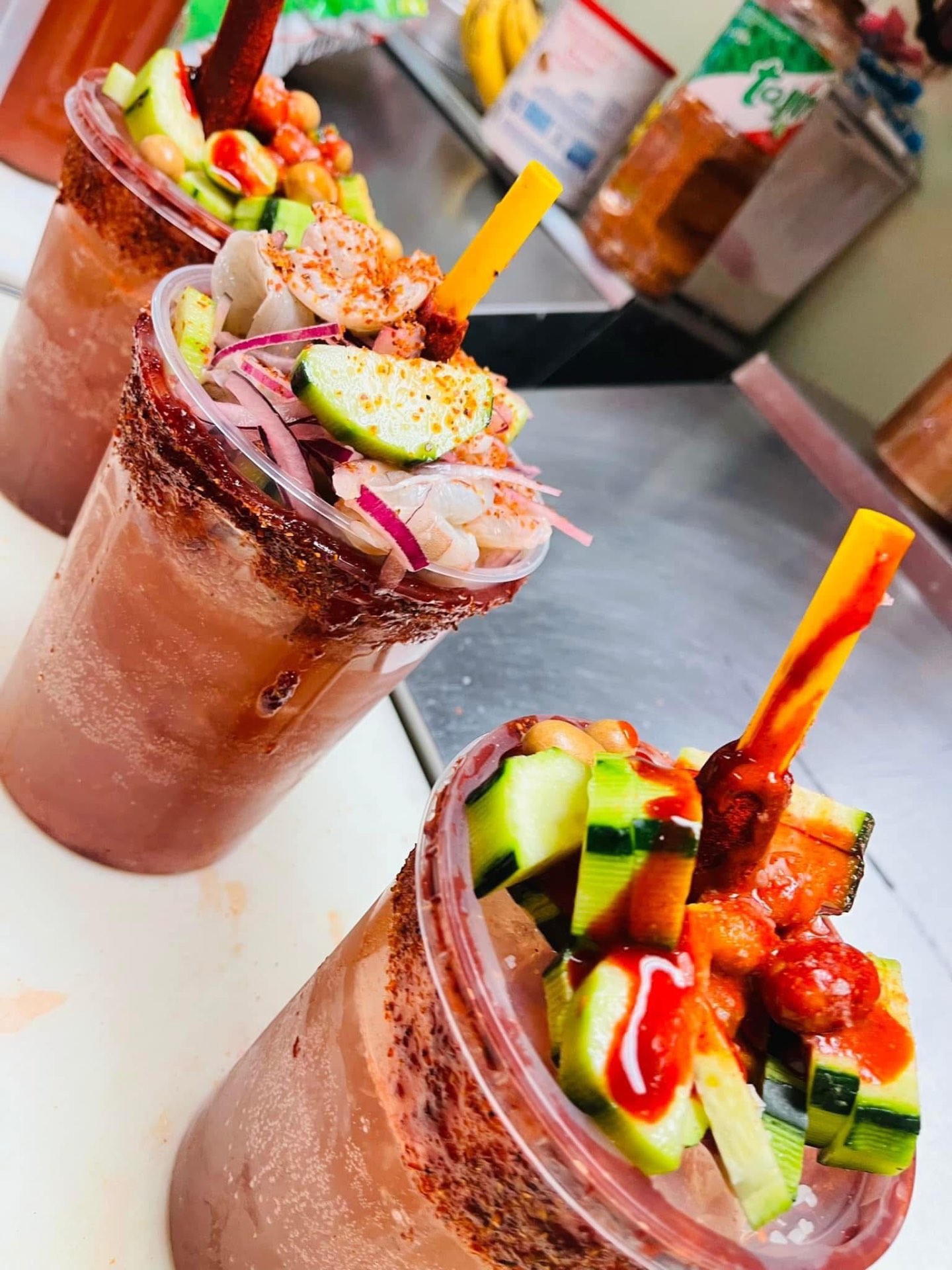 Shrimp and cucumber chamoy cocktails